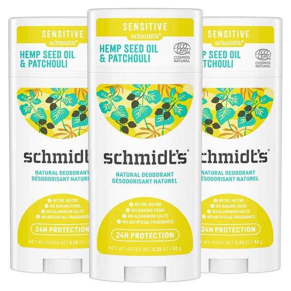 Schmidt's Aluminum Free Natural Deodorant for Women and Men, Patchouli + Hops for Sensitive Skin with 24 Hour Odor Protection, Certified Cruelty Free, Vegan Deodorant, 3.25oz, 3 pack