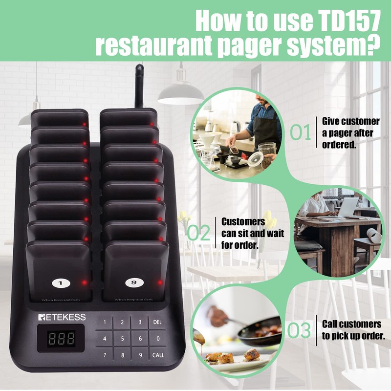 Retekess TD157 Restaurant Pager System, Pagers for Restaurants,984ft Long Range,