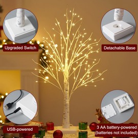 NXUEBDU 2ft Lighted Birch Tree with 144 Warm White LEDs - Small White Christmas Tree with Lights Centerpiece for Tabletop & Holiday Decor, Gift Ready Indoor Tree with Timer, USB/Battery Powered