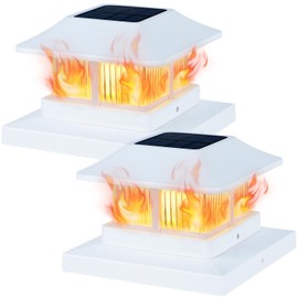 Dynaming Solar Flame Post Cap Lights Outdoor, Solar Powered White Shell Fence Post Light, Flickering Flame LED Lamps Waterproof for Garden Deck Patio, Fit 4x4, 5x5 or 6x6 Vinyl/Wooden Posts, 2 Pack