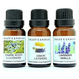 Crazy Candles 3 Bottles Set, 1 Juniper Wood & Lavender, 1 Lemon Lavender, 1 Lavender Vanilla 1/2 Fl Oz Each (15ml) Premium Grade Scented Fragrance Oils