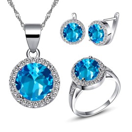 Uloveido Collar con colgante de gota de cristal de buena suerte, pendientes y anillos, conjunto de joyería de boda para novia, mujer, cumpleaños, aniversario, T484, Cristal Metal, circonita cúbica,