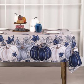 Heirloom Haven Fall Blue Pumpkin Tablecloth 60x48 Inch Rectangular，Leaves Thanksgiving Autumn Harvest Stain Resistant Table Cover for Holiday Party Picnic Dinner Farmhouse Decoration