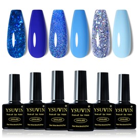 YSUVIN Semi-Permanent Nail Polish Kit, 6 Colors Blue Series - Sky Blue Dark Blue Lake Blue Glitter, Soak Off UV/LED Lamp DIY Manicure Nail Art Set, 8ml
