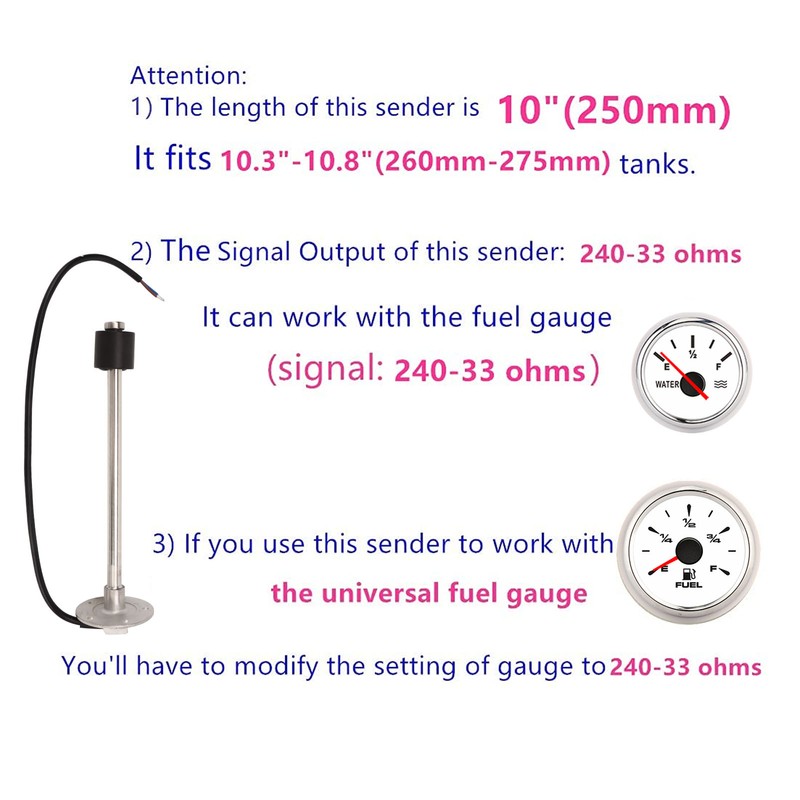 240 to 33ohms Fuel Sending Unit 10in IP67 Waterproof Universal