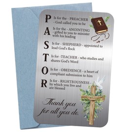 Pastor Appreciation Card with Envelope, Stainless Steel Thank You Card with Inspirational Quetoes, Christian Priest Anniversary Ordination Gifts for Men Women