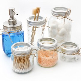 Youngever 6 Pack Glass Bathroom Accessories Set, Clear Mason Jar Bathroom Accessories, Apothecary Jars, Toothbrush Holder, Lotion Soap Pump Dispenser