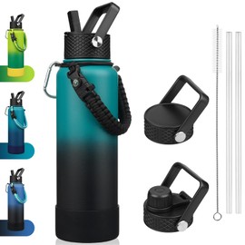 BJPKPK Insulated Water Bottle with Straw Lid, 40oz Large Thermos with 3 Lids, Paracord Handle & Non-slip Boot, BPA Free Stainless Steel Metal Water Bottles,Tumblers,Cups,Army Green & Black