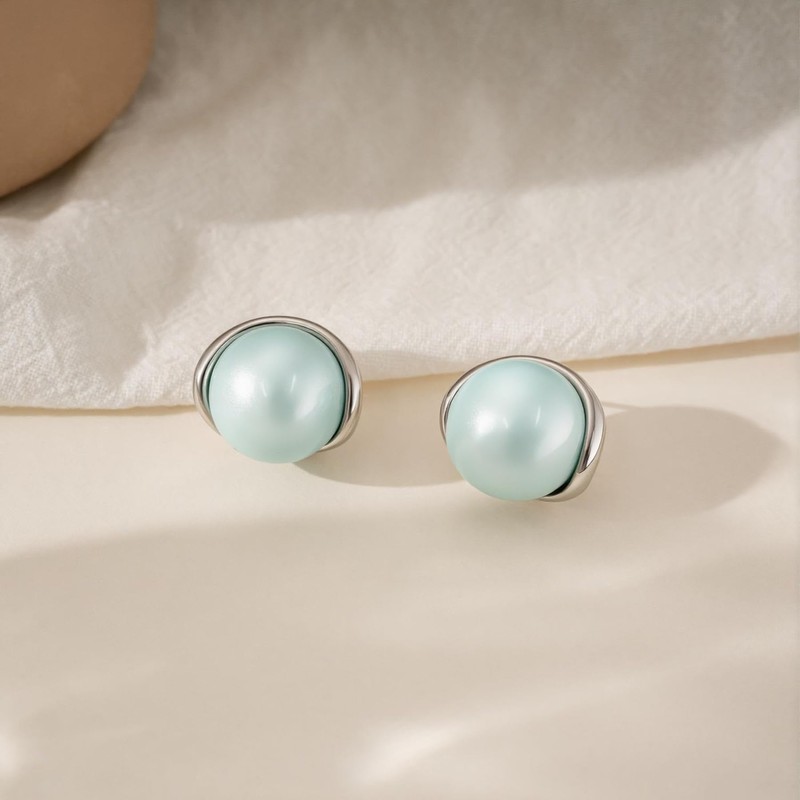GZJOGO Big Light Blue Pearl Stud Earrings Trendy, White Gold
