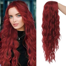 Siudus Red Women's Long Wig, Red Wavy Curly Wavy Wigs for Women, Burgundy Middle Part Hair Wig, Synthetic Fibre Wig