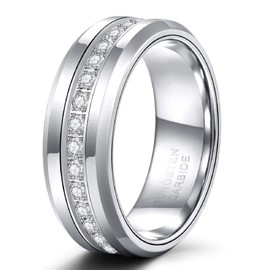 TRUMIUM 8mm Mens Wedding Band Tungsten Rings for Men Women with White Cubic Zirconia Eternity Ring CZ Inlaid Silver Mens Rings Beveled Edges Comfort Fit Size 7