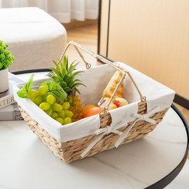 JJSQ Water Hyacinth Picnic Basket with Lining Wicker Garden Harvest Gathering Vegetables Basket Storage Basket for Grocery, Outdoor, Natural (Water Hyacinth)
