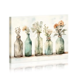 FUNHUA Botanical Bottles Green Farmhouse Bathroom Wall Decor Modern French Flowers in Bottle Pictures for Living Room Bedroom Bathroom Framed Ready to Hang 12x16 Inches