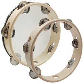 2 pcs 8 inch Tambourine, lyfLux Wood Color Tambourines for Adults and Tambourine Ring, Metal Bell, Percussion Musical Instruments, Music Education, Party, Music Festivals (Wooden Single Row)
