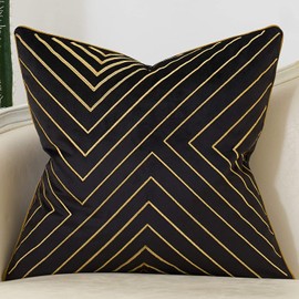 Avigers 18 x 18 Inch Black Gold Striped Geometric Lines Embroidery Velvet Cushion Case Luxury Modern Throw Pillow Cover Decorative Pillow for Couch Living Room Bedroom Car 45 x 45cm