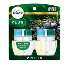 Febreze Odor-Fighting Fade Defy Plug in Air Freshener Refills, Fall Scents, Winter Luxe Limited Edition - (2) of 0.87 fl oz Refills (White Pine & Juniper Berry)