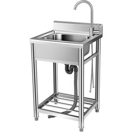 Stainless Steel Sink with Cold and Hot Water Pipe, Free Standing Single Bowl Kitchen Sink w/Storage Shelves for Restaurant, Laundry Room, Garage(21.7in)