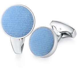 HONEY BEAR Men's Wedding Cotton Fabric Velvet Cufflinks Stainless Steel Cuff Links Round Reusable (Light Blue), Stainless Steel, No Gemstone