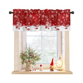 Christmas Window Valance Winter Snowflakes Window Treatment Merry Christmas Ball Ornaments Rod Pocket Curtain Valance,42x18 inch Xmas Snowflake Sparkle Red Kitchen Valance for Bathroom Cafe
