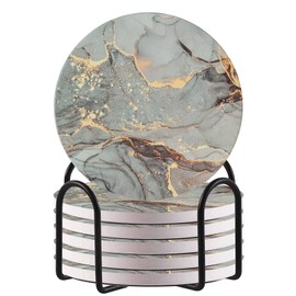 HAOCOO Drink Round Coasters with Holder (Set of 6), Absorbent Ceramic Coasters with Non-Slip & Scratch-Resistant Cork Base (Lilac grey)