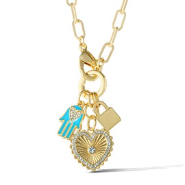 Jessica Simpson Womens Triple Charm Necklace 17" - Gold-Tone Necklace with Lock Charm and Heart Charms, IMITATION GOLD, acrylic stones