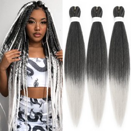 Braiding Hair Pre Stretched Extensions for Braids Hair Extensions Soft Yaki Straight Professional Natural Hot Water Setting Long Braiding Hair(1B/Silver, 24Inch (Pack of 3))