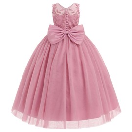 IDOPIP Flower Girl Lace Dress for Kids Wedding Bridesmaid Pageant Party Formal Long Maxi Gown Big Little Princess First Communion Birthday Prom Ball Bowknot Puffy Tulle Dresses Dusty Pink 13-14 Years