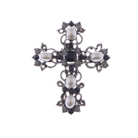 Alilang Antique Gunmetal Tone Faux Pearls Black Rhinestones Pastel Holy Cross Brooch Pin Pendent