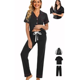 WJing Yi Jia Womens 3Pcs Pajamas Set Soft Pajama Sets Button Down Pjs Set Knit Sleepwear Lounge Sets with Long Pants XS-XXL