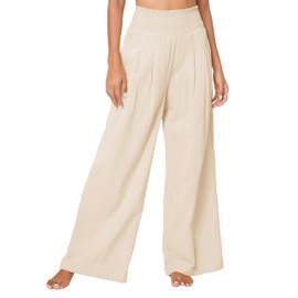 Urban CoCo Women's Elastic High Waist Light Weight Loose Casual Wide Leg Trousers Long Pants with Pocket (M, Beige)