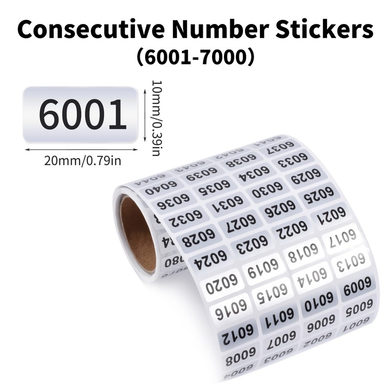 Skweawert 6001-7000 Consecutive Number Inventory Stickers Self Adhesive Waterproof Labels