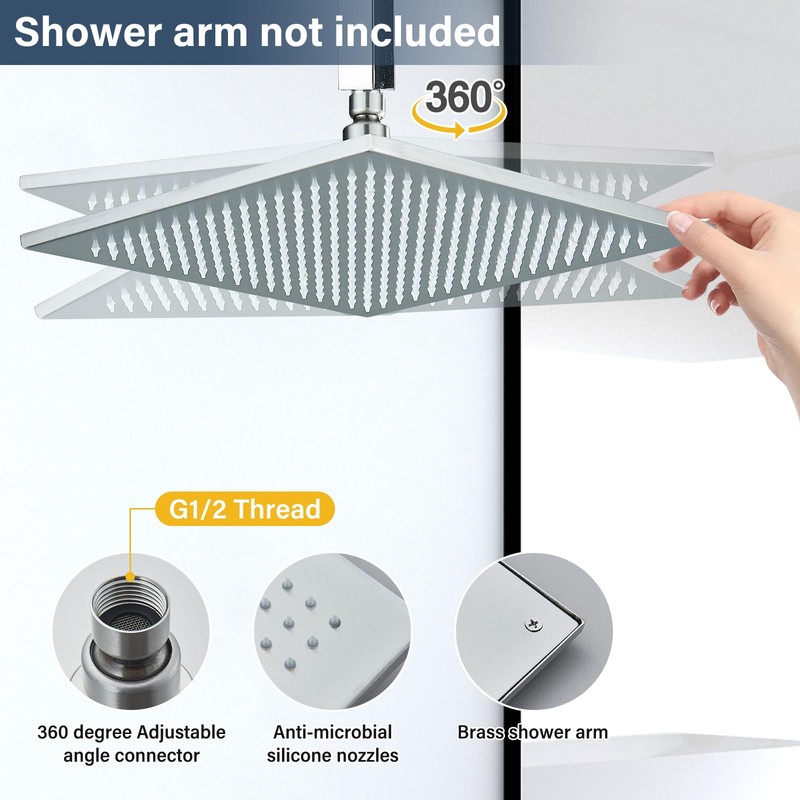 NeierThodore 12" LED Square Rainfall Shower Head Brushed Nickel Top
