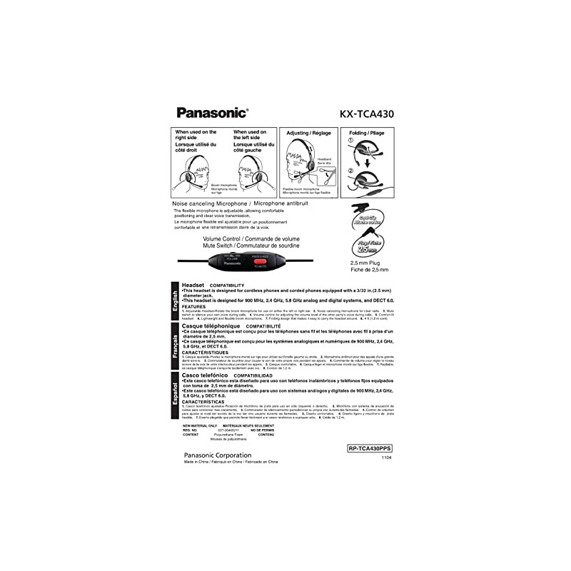 Panasonic KX-TCA430 Comfort-Fit, Foldable Headset with Flexible Noise-Cancelling Microphone and