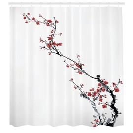 Lunarable Flor de Acuarela Cortina de Baño, El árbol de Sakura Japón, Paño Conjunto de Decoración de Baño de Tela y Ganchos, 84" Extra Alta, Coral Negro Gris Oscuro