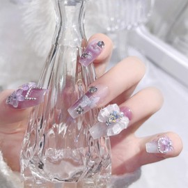 XUZOO Nail Tips, False Nails, Cute, Stylish, Popular, Simple, Bridal Nail Tips, 3D, False Nails, Wedding, Crystal, Pearl, Butterfly, Flower, Ribbon, 3D, Short, Long, For Hands, Nail Stickers, False