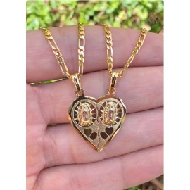 IsasJewelry Virgen de Guadalupe Broken Heart Necklace Figaro Chain 20" Unisex Cadena Corazon