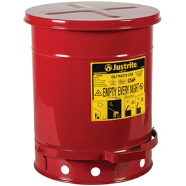 Justrite 10 Gallon Galvanized Steel Oily Waste Can, 18" x 14" Metal Oil Rag Safety Can With Foot Operated Self-Closing Lid for Oil Rag Disposal, Made in the USA, Red, 09300