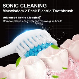 MAXWISDOM Electric Toothbrush 2 Pack - Electric Toothbrush for Adults with 10 Replacement Brush Heads, 2 Toothbrush Holders, 6 Modes, Smart Timer, 2 Hours Charge for 60 Days (Black & White)