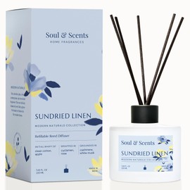 Soul & Scents Reed Diffuser Set – Sundried Linen | 7.43 oz Refillable Scented Oil with 6 Fiber Sticks | Long-Lasting Home Fragrance & Air Freshener for Bedroom, Bathroom, Office | Gift & Décor Piece