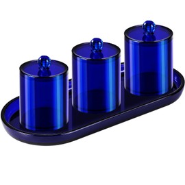 Qtip Holder Bathroom Set with Tray(4PCS) - 3 Pack Acrylic Plastic Apothecary Jars Qtip Dispenser Canister with Lid and Labels, 1 Pack Bathroom Vanity Tray, for Cotton Ball, Cotton Swab (Blue)