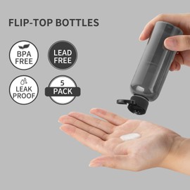 LISAPACK - Botellas de viaje de 3.4 onzas con tapa abatible (5 piezas) contenedor dispensador aspiradora para cosméticos de tamaño de viaje (100 ml, negro)