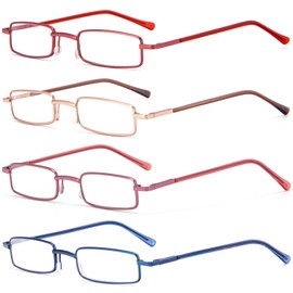 REAVEE 4 Pack Slim Pen Reading Glasses for Women Stylish Small Metal Tube Readers Spring Hinge with Portable Clip Case, Red Gold Pink Blue 2.5