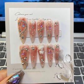 TENPAL Stiletto Press on Nails Pink Nails Press ons Ballet Almond Nails With Diamond Camellia Designs 10pcs/Box Handmade Acrylic Fake Nails With Glue Reusable Y2k Sweet Cool Artificial Nails Tips(L)