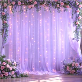 10ft x 10ft Lavender Tulle Photo Backdrop Curtain with Lights String for Parties Wedding Bridal Shower Sheer Lavender Curtain Backdrop for Birthday Baby Shower Photo Booth Photography
