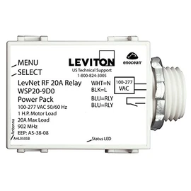 Leviton LevNet RF 902 MHz Line Voltage Relay Receiver in 100-277V, 50/60 Hz, WSP20-9D0