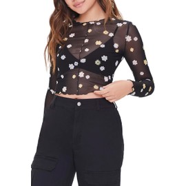 Forever 21 Women's Sheer Mesh Floral Print Top, Black