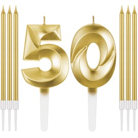 Mtlee Birthday Candles Set for Cakes Including 6 Long Thin Metallic Birthday Candles and Number Birthday Candles for Anniversary Celebration Party Topper Decorations Men Women (Gold,50)