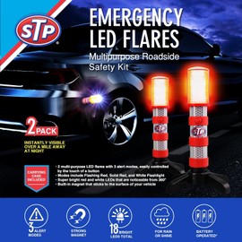 XTREME STP Emergency LED Road Flares, 3 Separate Lighting Modes: Flashing Red, Solid Red and White Flashlight, Visible From Up To A Mile, Foldable Stands/Built-In Magnet Sticks To Car