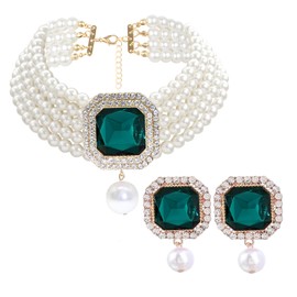 Pearl Choker Necklace for Women Gold Crystal Rhinestone Pearl Collar Statement Necklaces Earrings Bridal Pearls Diamond jewelry Set for Wedding