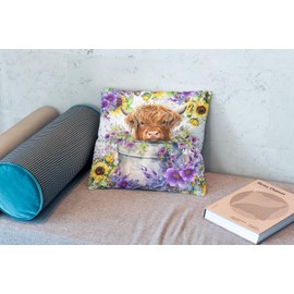 OFlich Highland Cow Pillow Covers - Sunflower Gifts for Women, Decorative 18x18 Covers, Cow Decor, Summer Flower Decor